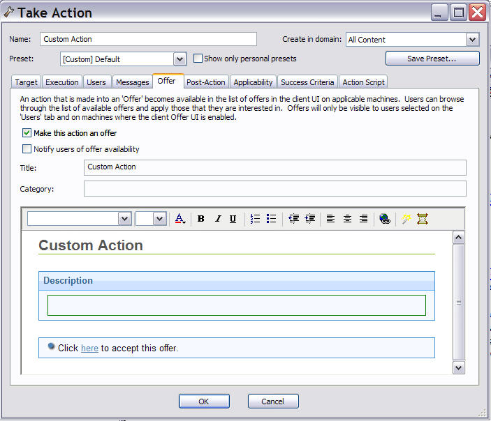 This window displays the Take Action dialog with the Offer tab selected.