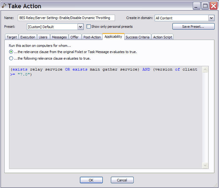 This window displays the Take Action dialog. The Applicability tab is selected where you can specify the criteria to use to judge the relevance of a Fixlet action.