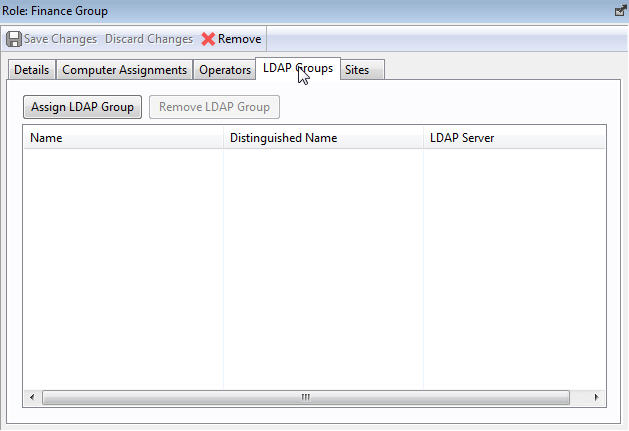 This window displays the LDAP Group tab of the Roles window which allows you to associate an LDAP Group to the Role definition.