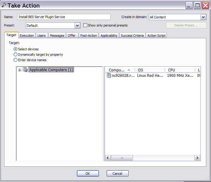 This window displays the Take Action dialog under which the Target tab is selected. The Take Action dialog allows you to run deploy a Fixlet, a task or a baseline.