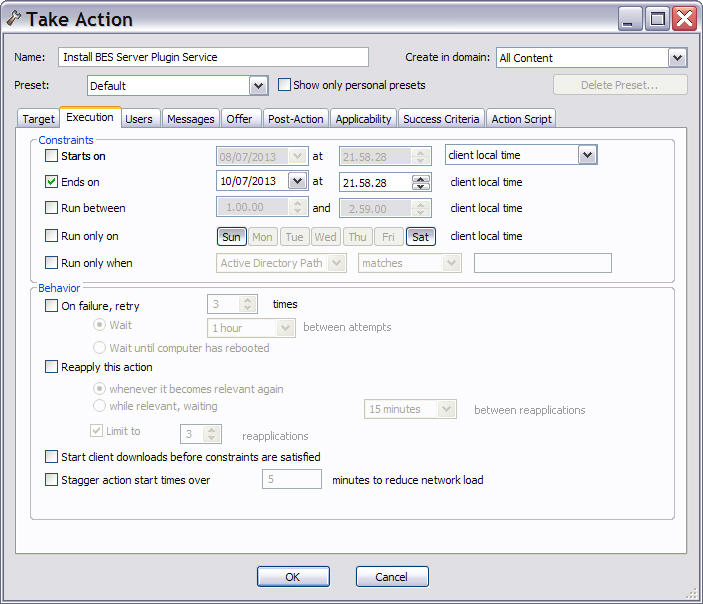 This window displays the Action dialog under which the Execution tab is selected. In this tab you can set the schedule, time interval, and the recovery options that must be satisfied when deploying the action.
