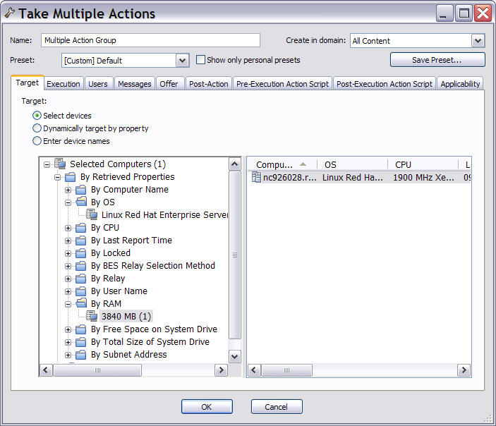This window displays the Take Multiple Actions dialog under which you can specify the settings for deploying a set of Fixlets or tasks in a single grouping.