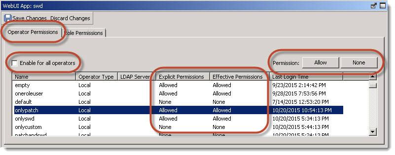 Operator Permissions tab and selection of a single operator from the list.