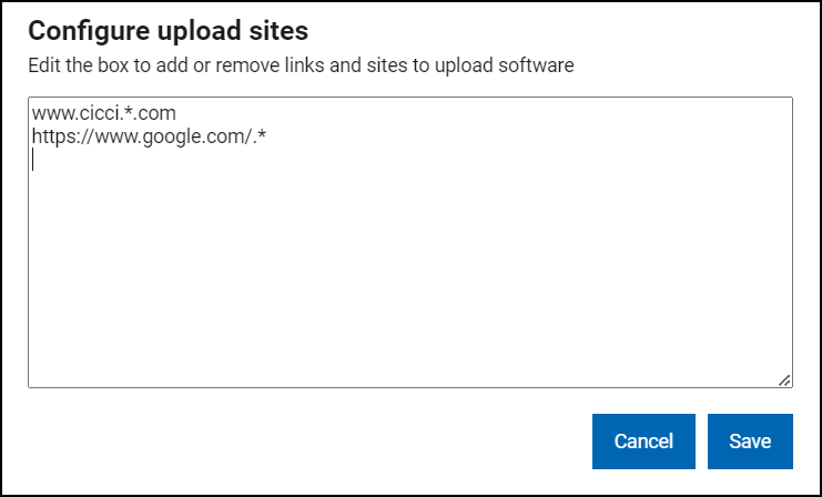 Image of the Configure upload sites dialog.