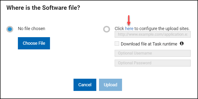 Image of the Upload Software Package dialog.