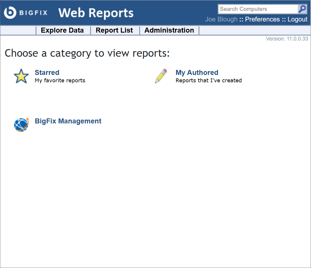 This window displays Web reports panel showing three links on the top of the panel. The three links shown are called Explore data, Report List and Administration. In the middle of the panel there are two report categories, Starred link and My Authored link.