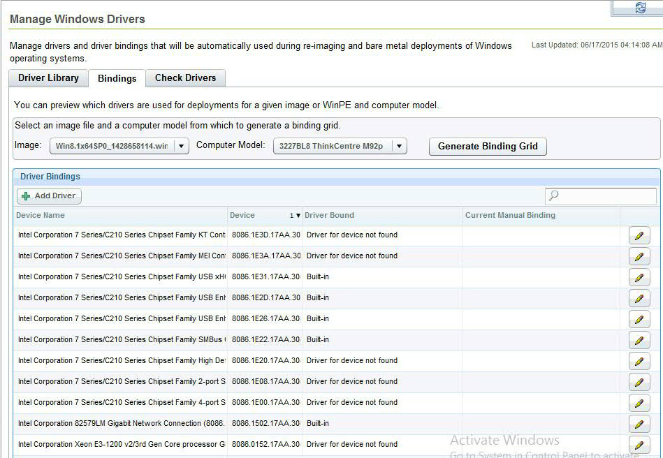 Bindings tab of the Driver Library dashboard