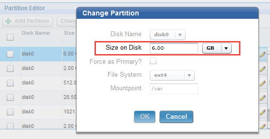 Changing the size of a partition from the partition editor