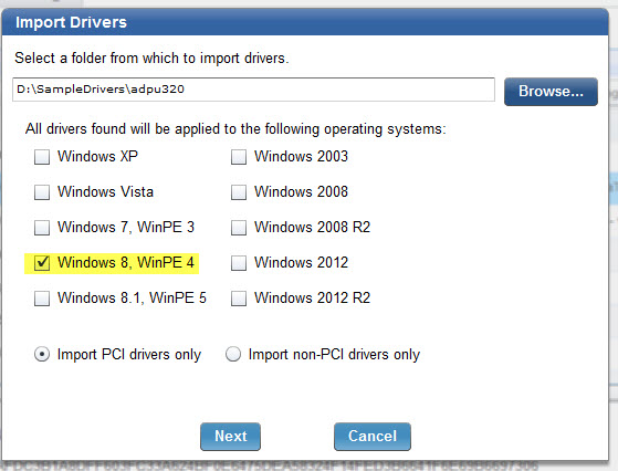 In the Import Drivers dialog, you can specify to which operating systems the drivers are to be applied.