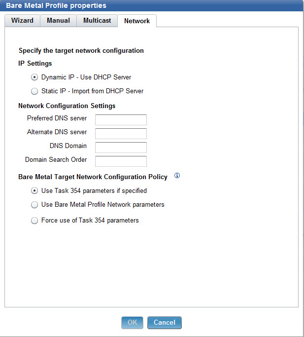 Specify target Network settings tab with default parameters