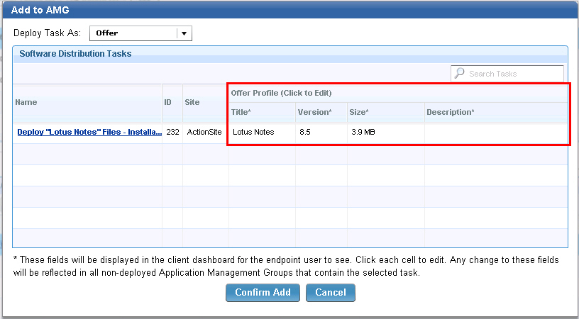 Edit offer profile from the Add Tasks dialog