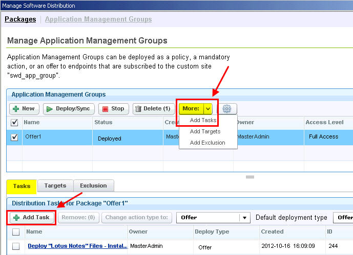 Adding tasks from the Manage Application Management Groups dashboard