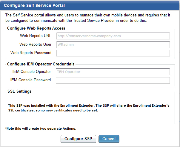 Configure Self Service Portal dialog