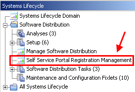 The Self Service Portal Registration Management dashboard from the navigation tree
