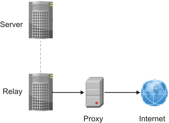 The image shows a configuration where a proxy is used to allow a relay to download files over the internet