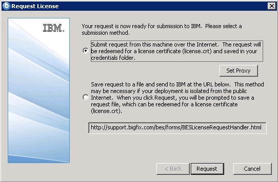 Displays the two options to submit the request to IBM