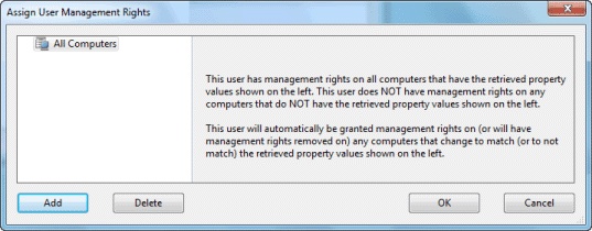 This window displays the Assign User Manager Rights dialog where the current set of computers can be managed.