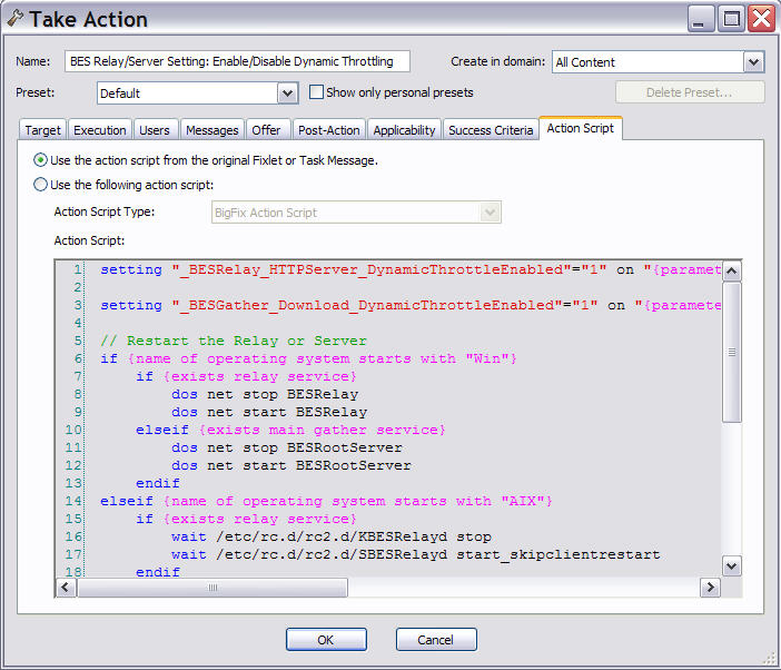 This window displays the Take Action dialog where you can modify the action script.