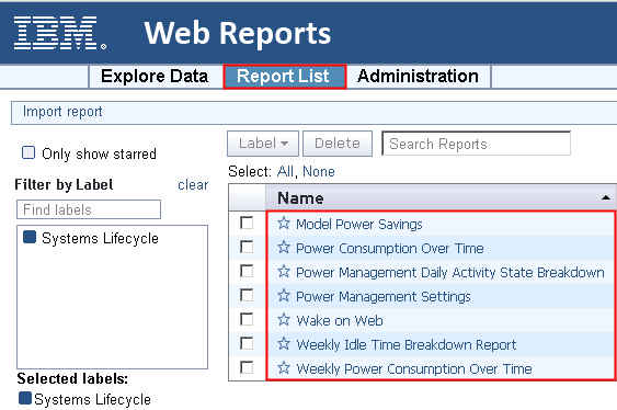 The Report List displaying the Power Management reports