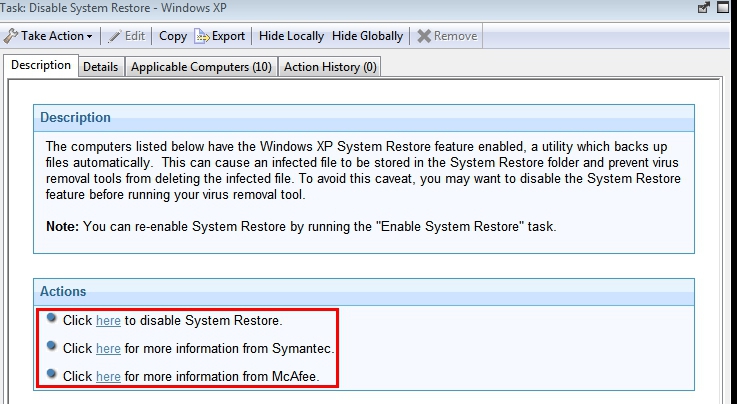 Available actions for the Disable System Restore task