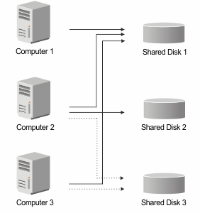 The image shows multiple shared disks that are mounted on multiple computers.