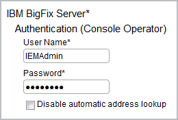 Panel for configuring the BigFix server user.