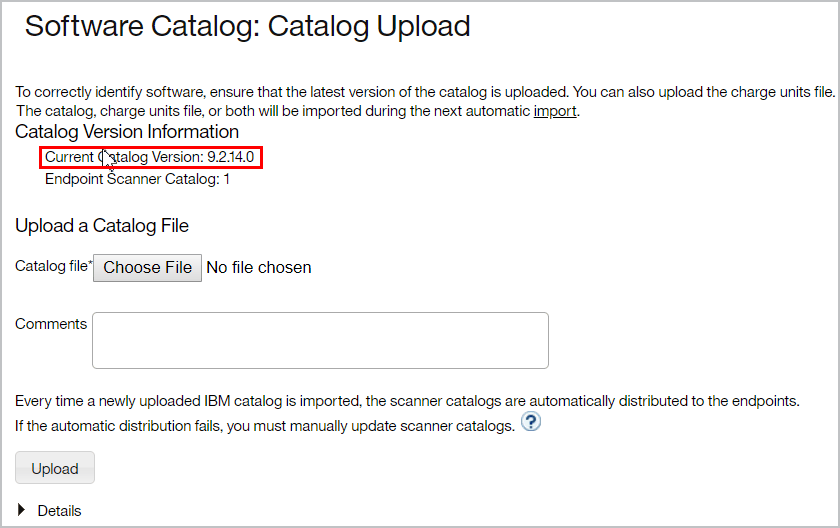 The screen shows the Catalog Upload panel with information about the catalog version.