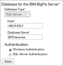 Panel for configuring the connection to the BigFix database