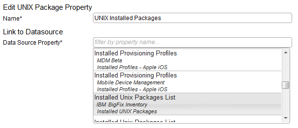 UNIX package properties shown in the user interface
