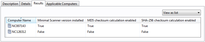 Results of the analysis show checksums settings for particular endpoints