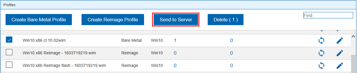 Sending the bare metal profile to the server by selecting it