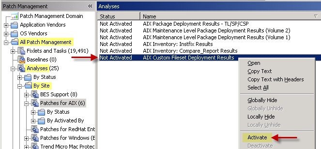 Activating the AIX Custom Fileset Deployment Results analysis