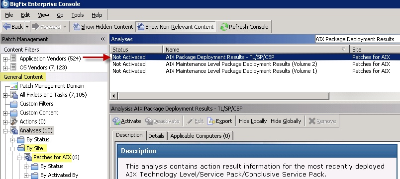 Activating the AIX Package Deployment Results - TL/SP/CSP analysis