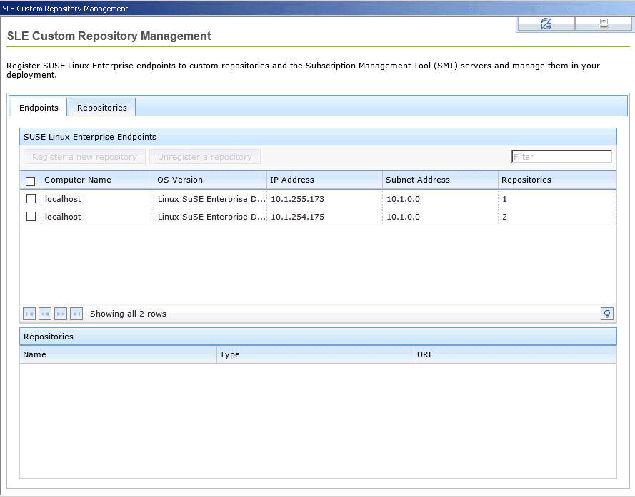 SLE Custom Repository Management dashboard