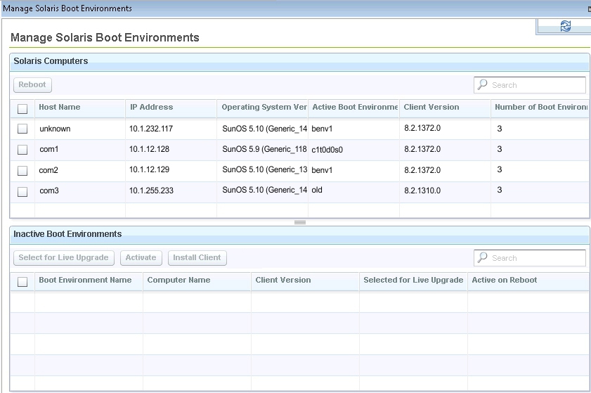 Manage Solaris Boot Environments dashboard