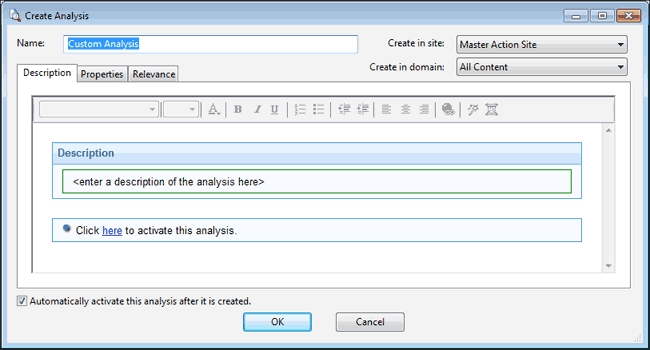 This window displays the Create Analysis dialog with a text box in the center for entering the name of your new Analysis.
