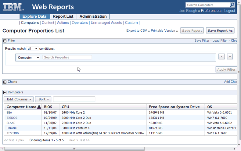 This window displays a typical report, summarizing the computers in your network by their properties.