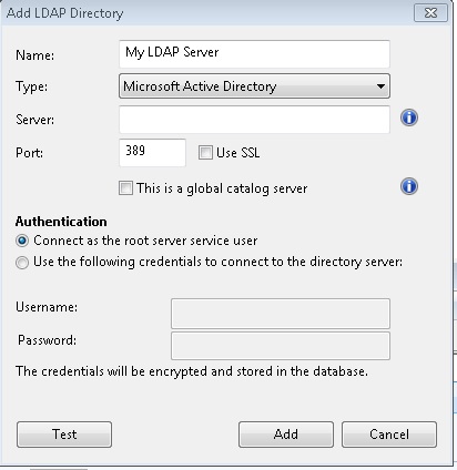 This window displays the Add LDAP Directory dialog where Microsoft Active Directory is selected from the type pull-down.