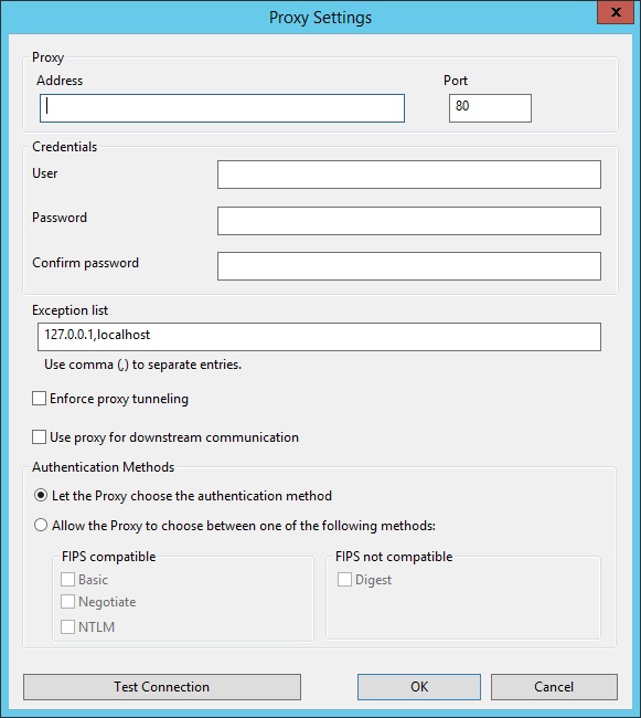 Displays the settings to configure the proxy connection
