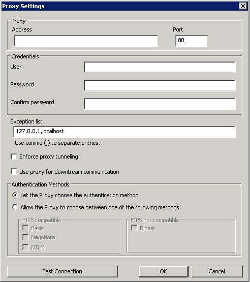 Displays the settings to configure the proxy connection