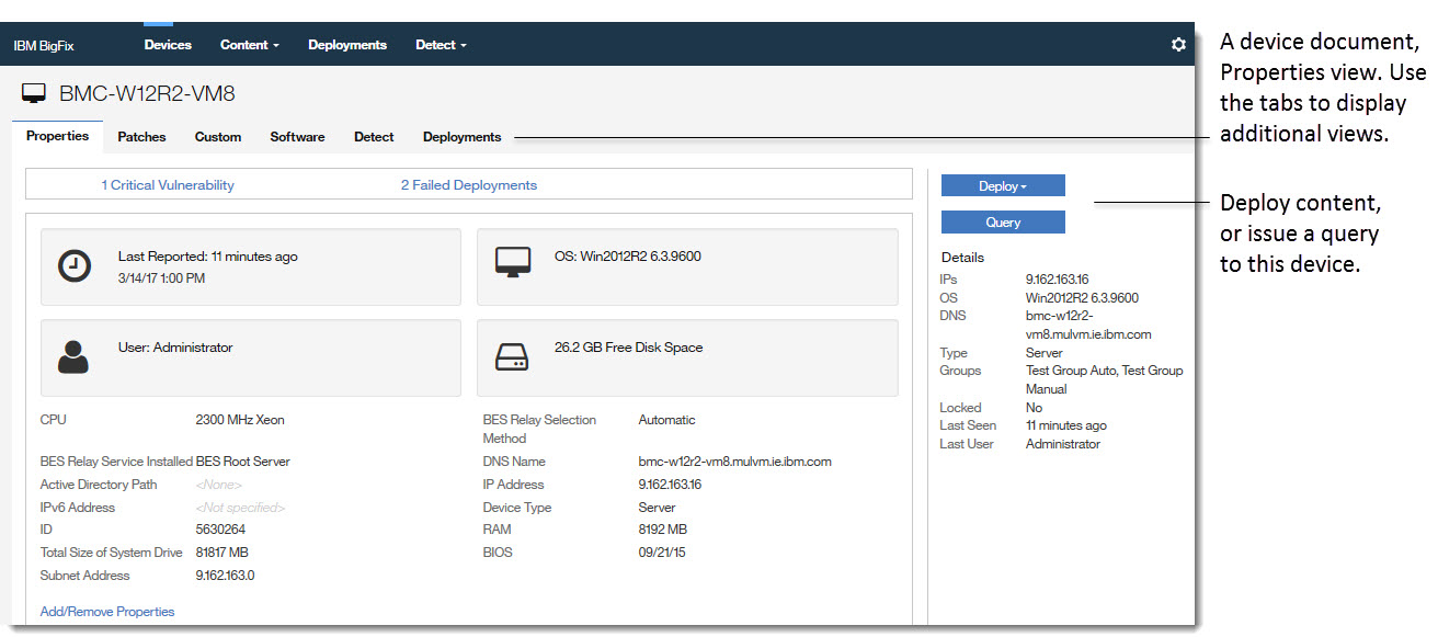 Image of a device document, Properties view. Annotation: a) The Details panel on the right side of the page contains the Deploy button and a device summary.