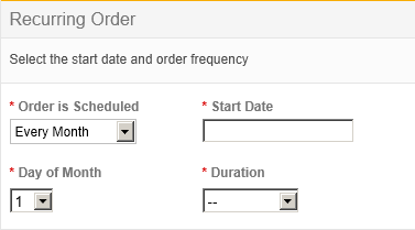 Screen capture that shows a recurring order with a frequency selection of Every Month. Selecting Every Month results in a Day of Month option available to customers.