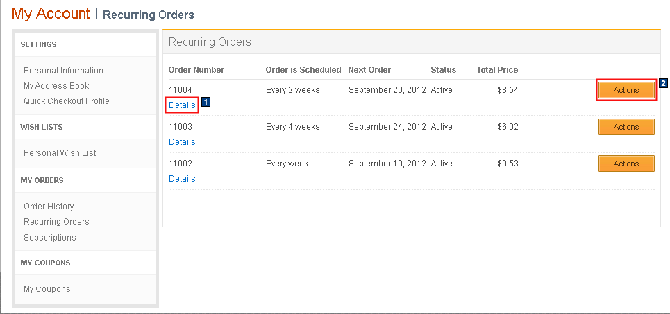 My Account: Recurring orders page screen capture