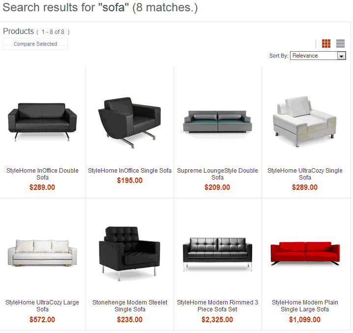 Sofa search results after