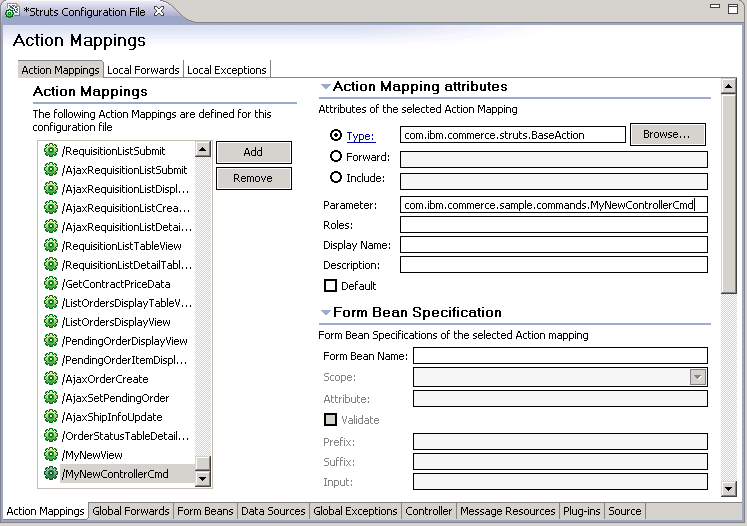 A screen capture of the Action Mappings tab of the Struts Configuration File editor.