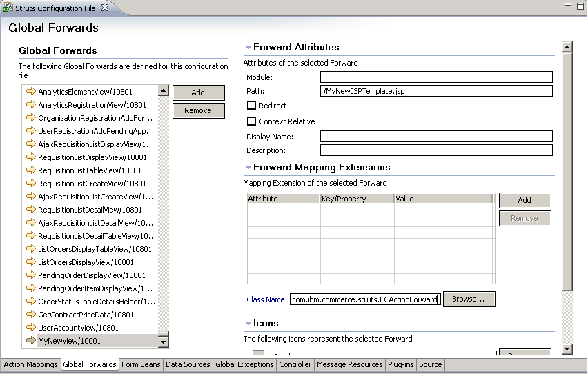 A screen capture of the Global Forwards tab of the Struts Configuration File editor.