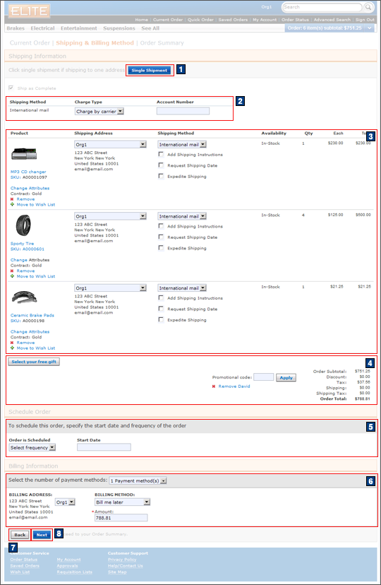 Checkout method: Multiple shipping and billing addresses screen capture