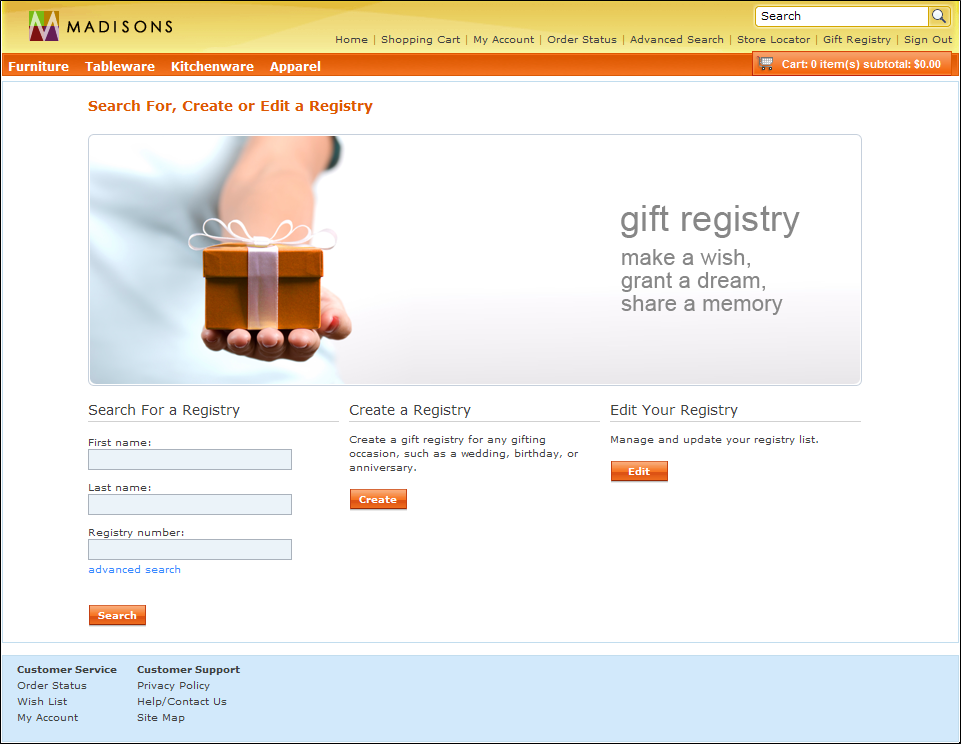 Gift registry landing page