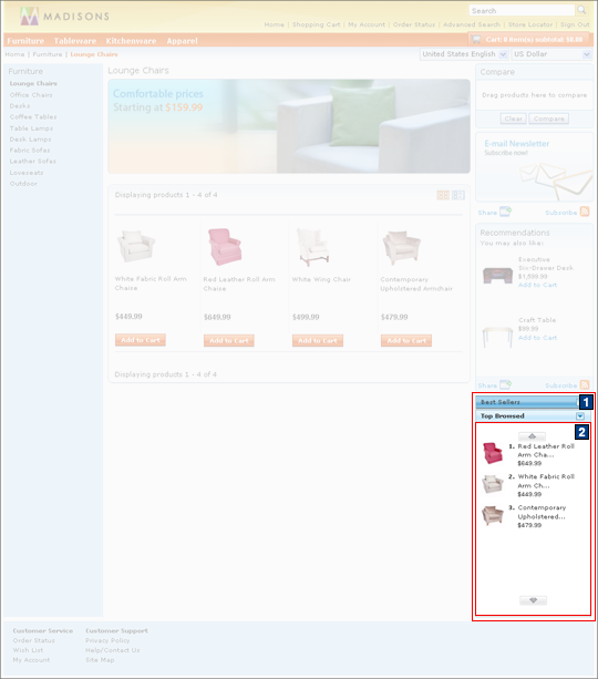 Screen capture of top browsed products e-Marketing Spot