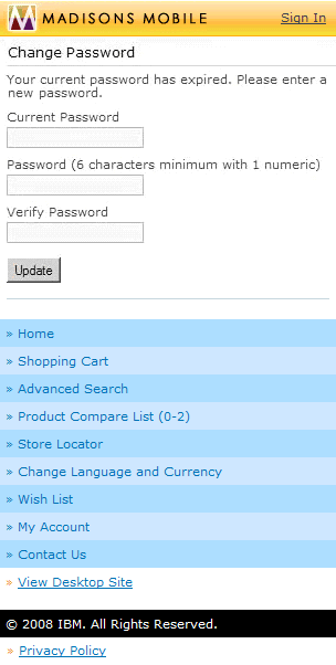 Mobile change password screen capture